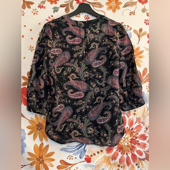 Y2K Lucky Brand Women's Small Black Pink Sheer Paisley Work Casual Office Blouse - Picture 2 of 10